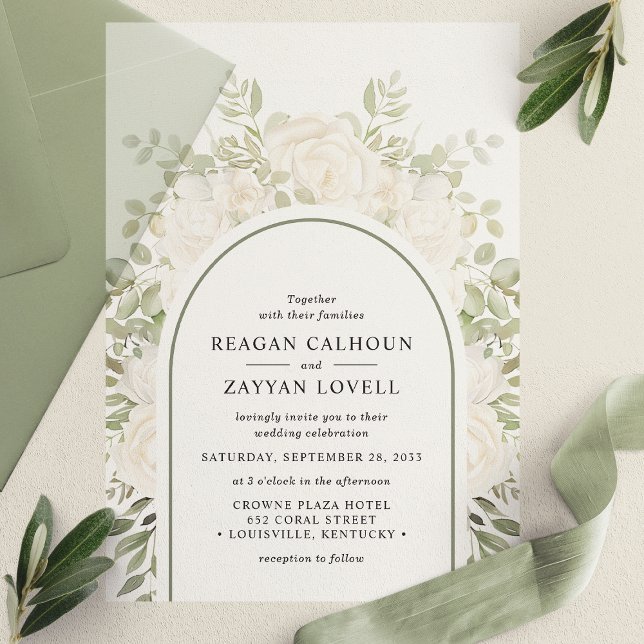 Invitations En Vélin Iivoire Et Sage Élégant Arc Mariage Floral (Créateur téléchargé)