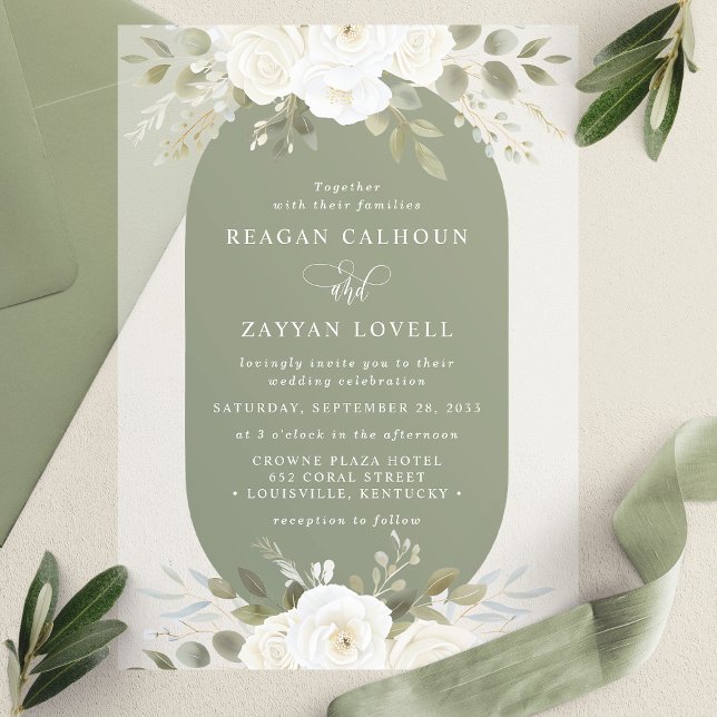 Invitations En Vélin Iivoire Et Sage Élégant Mariage Floral (Créateur téléchargé)