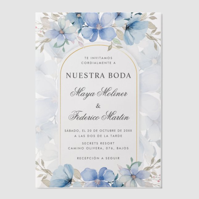 Invitations En Vélin Jardin Floral Bleu Nuestra Boda Mariage espagnol (Recto)