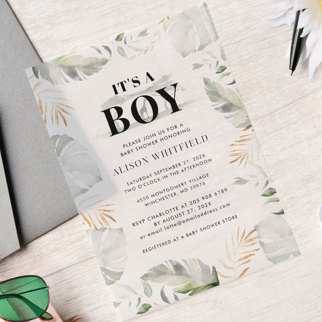 Invitations En Vélin Jungle Safari Tropical Palms Boy Baby shower (Jungle Animal Giraffe Boy Baby Shower Invitation)