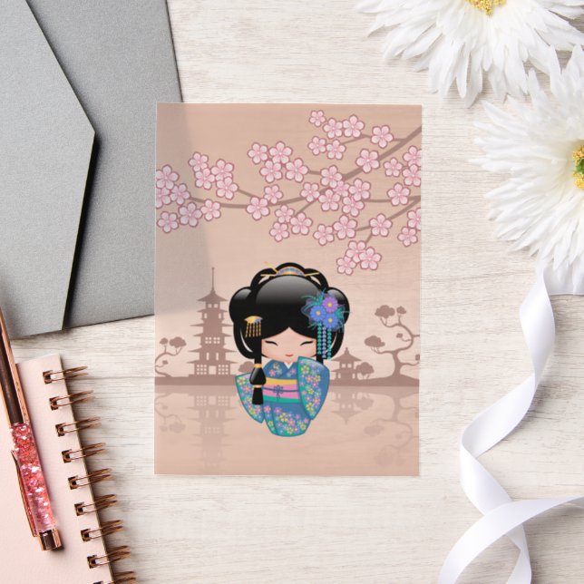 Invitations En Vélin Keiko Kokeshi Poupée bleu Kimono Geisha Beige Inse (Mariage)