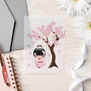 Invitations En Vélin Kimono blanc Kokeshi poupée mignonne Geisha Girl I