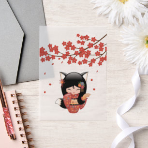 Invitations En Vélin Kitsune Kokeshi Doll Black Fox Geisha Red Insert