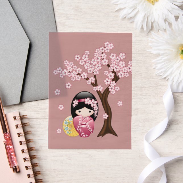 Invitations En Vélin Kokeshi Cute japonais Geisha rose Insérer (Mariage)