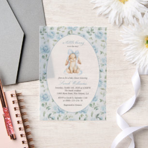 Invitations En Vélin Lapin Mignon, Nœud Bleu, Fleurs Bleues, Baby Showe