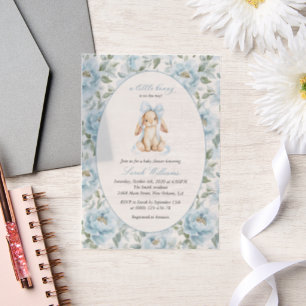 Invitations En Vélin Lapin Mignon, Nœud Bleu, Fleurs Bleues, Baby Showe