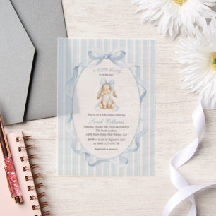Invitations En Vélin Lapin Mignon, Nœud Bleu, Rayures Bleues, Baby Show