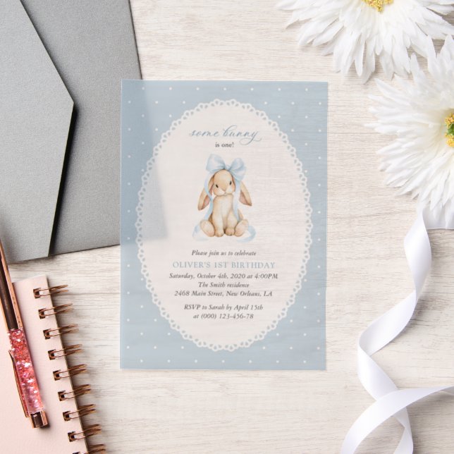 Invitations En Vélin Lapin, Nœud Bleu, Points Bleus, Premier Anniversai (Mariage)