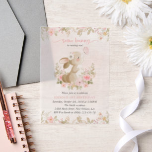Invitations En Vélin Lapin, Papillon, Fleurs Roses, Premier Anniversair