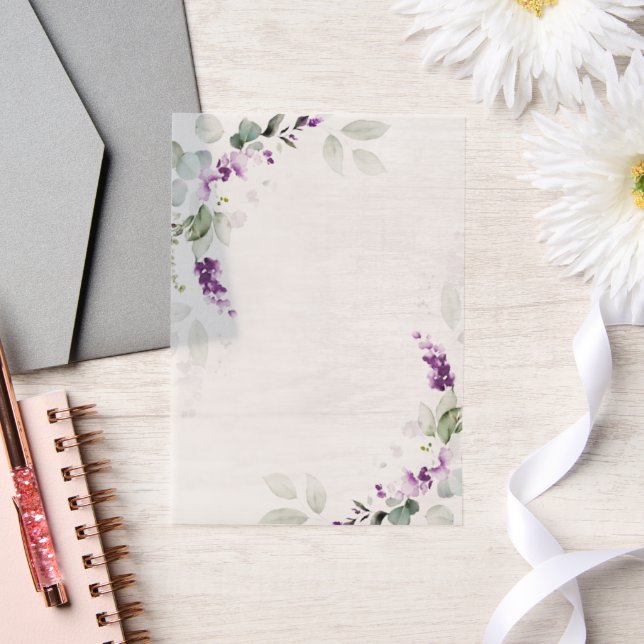 Invitations En Vélin Lavande violette Verdure fleurie Vellum Overlay (Mariage)