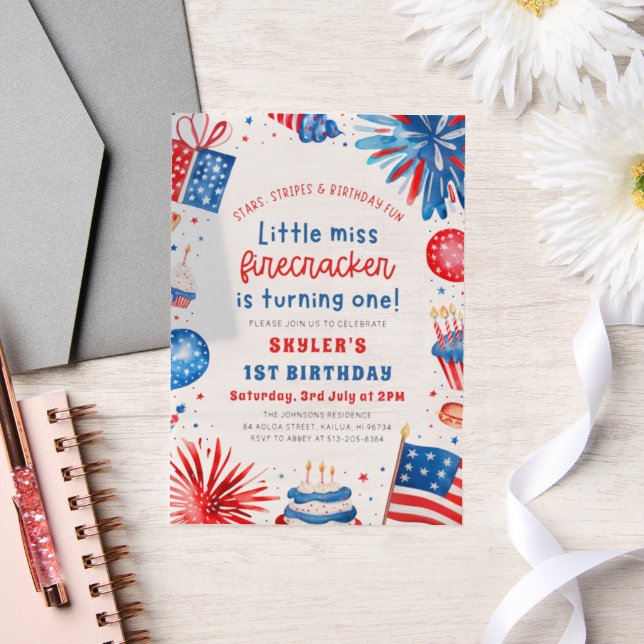 Invitations En Vélin Little Miss Firecracker 4 juillet 1er anniversaire (Mariage)