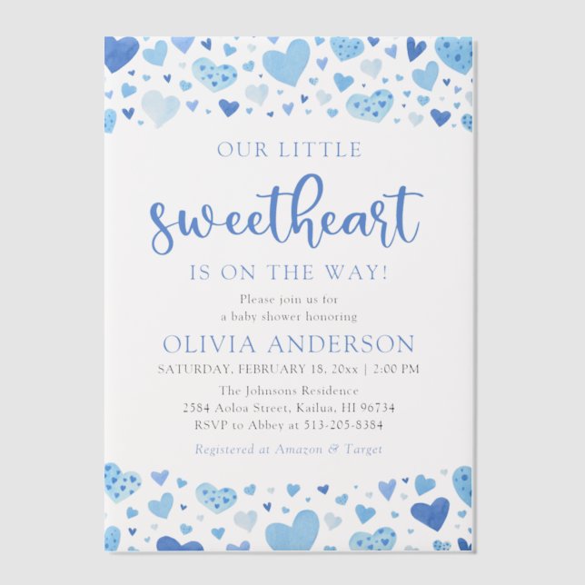 Invitations En Vélin Little Sweetheart Blue Boy Valentine Baby shower (Recto)