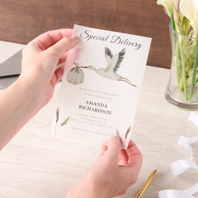Invitations En Vélin Livraison spéciale Baby shower de cigogne d'aquare (Ordinateur de poche)