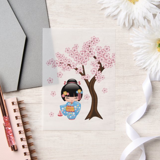 Invitations En Vélin Maiko Kokeshi Poupée bleu Kimono Geisha Girl Inser (Mariage)