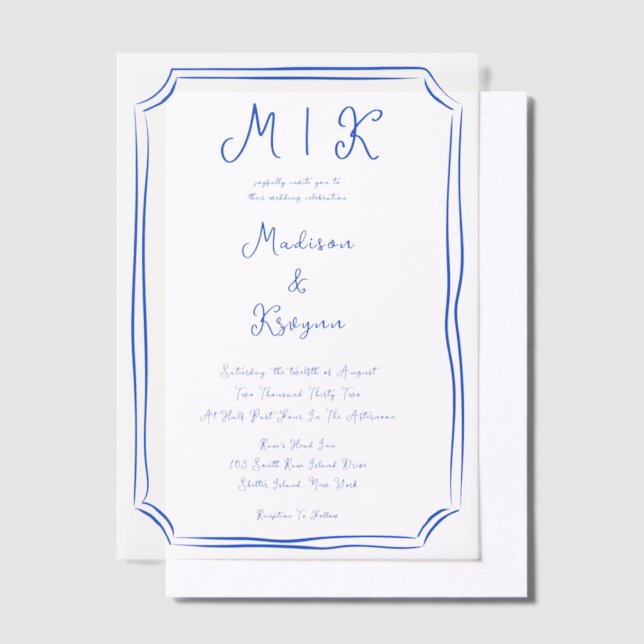 Invitations En Vélin Main dessinée Whimsical Blue Mariage français (Compenser)