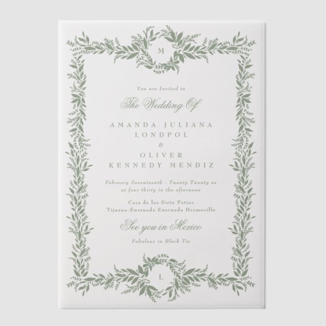 Invitations En Vélin mariage à double monogramme vert sauge (Recto)