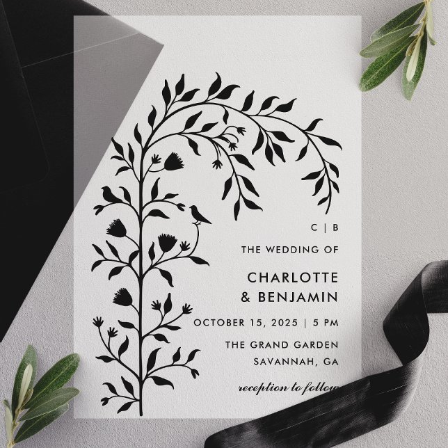 Invitations En Vélin Mariage à l'arche botanique noire pour oiseaux  (Créateur téléchargé)