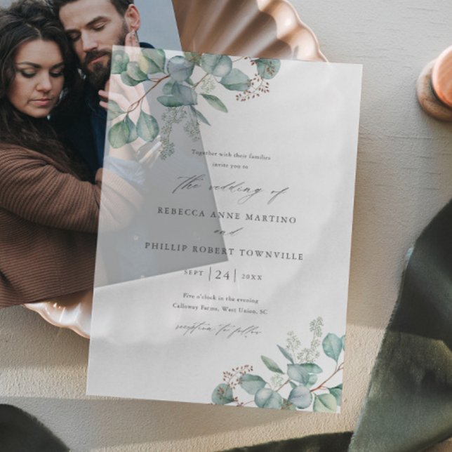 Invitations En Vélin Mariage au Eucalyptus Peint à la Main (Elegant hand painted eucalyptus greenery vellum wedding invitation.)
