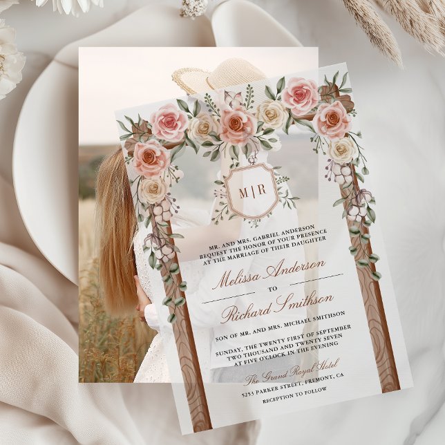 Invitations En Vélin Mariage avec Canopée en Bois Rustique et Monogramm (Créateur téléchargé)
