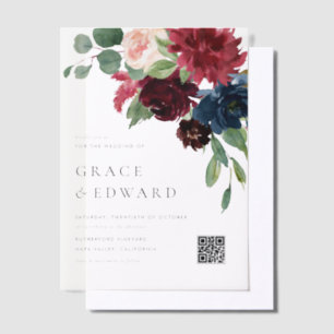 Invitations En Vélin Mariage avec code QR floral bordeaux et bleu marin