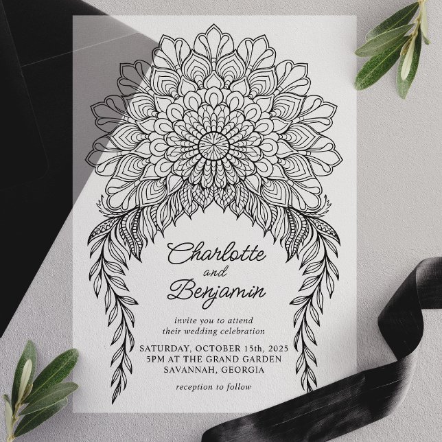 Invitations En Vélin Mariage Black Boho Mandala Feuilleuse Vigne (Créateur téléchargé)