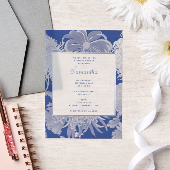 Invitations En Vélin Mariage Blanc Bleu Chinoiserie Floral Fête (Mariage)