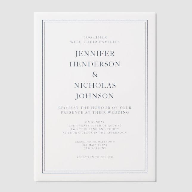 Invitations En Vélin Mariage Bleu Nuit Classique Élégant (Recto)