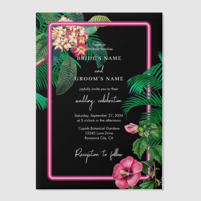 Invitations En Vélin Mariage Botanique Rétro Tropical Rose Néon (Recto)