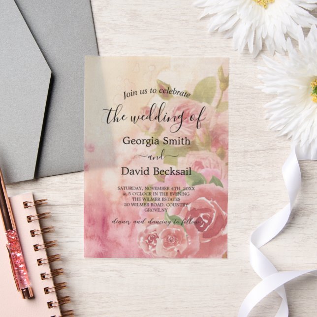 Invitations En Vélin Mariage botanique Rose (Mariage)