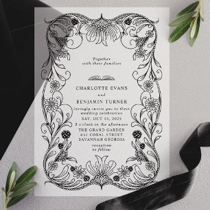 Invitations En Vélin Mariage Cadre Floral Orné Vintage Noir