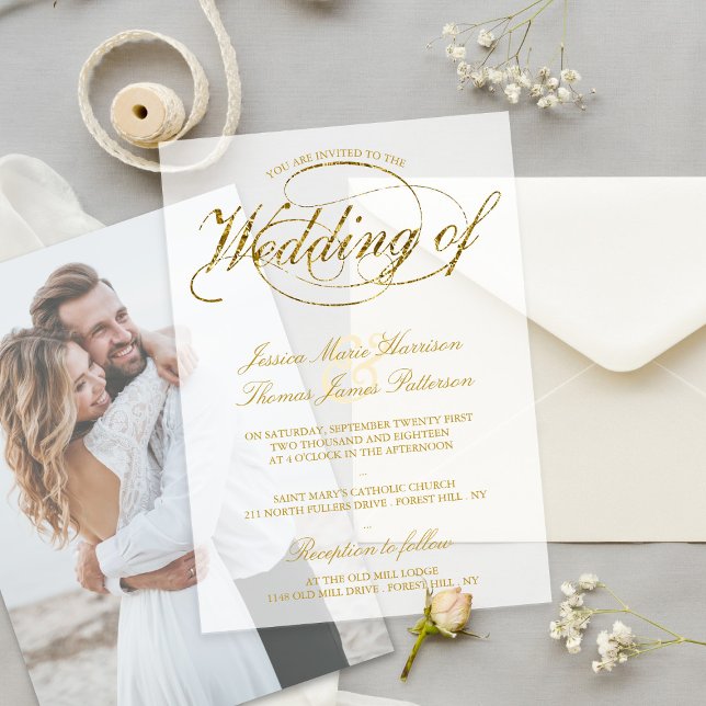 Invitations En Vélin Mariage Chic Faux Papier D'or Script (Créateur téléchargé)