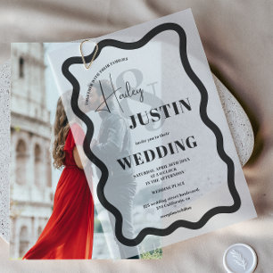 Invitations En Vélin Mariage chic moderne Black Retro Wavy Frame