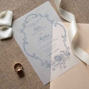 Invitations En Vélin Mariage Classique Élégant Cadre Floral Bleu Poussi