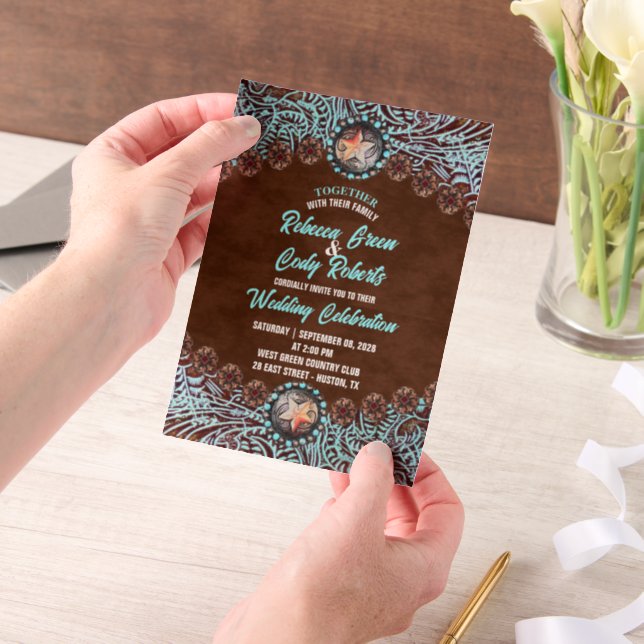 Invitations En Vélin Mariage Country Western Cowboy Brun Turquoise (Ordinateur de poche)