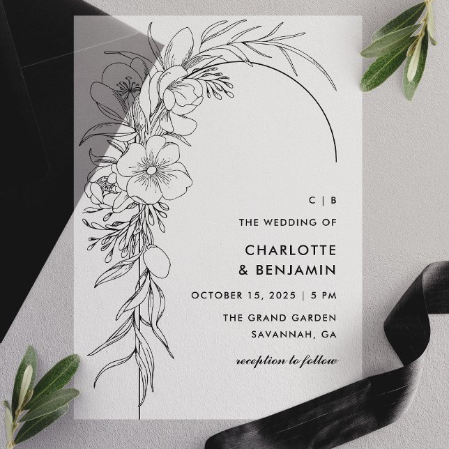 Invitations En Vélin Mariage d'arc de bouquet floral noir (Créateur téléchargé)