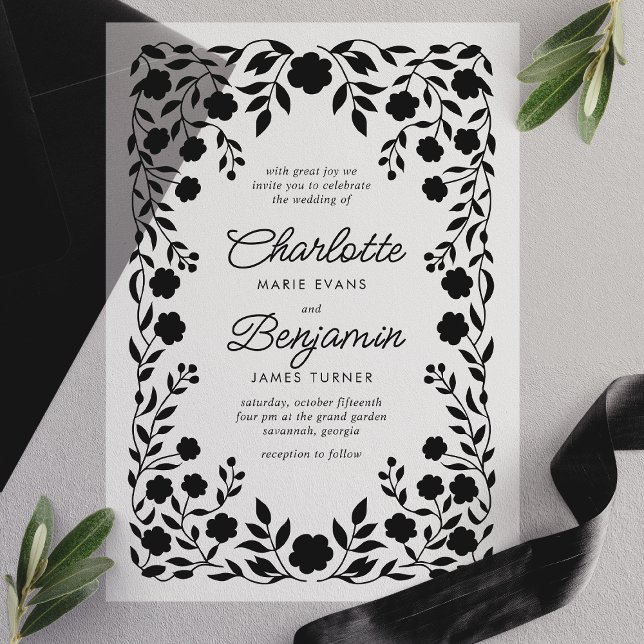 Invitations En Vélin Mariage de cadre de bordure florale orné noir (Créateur téléchargé)