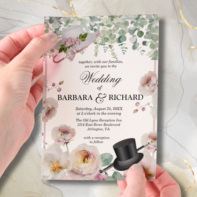 Invitations En Vélin Mariage de chapeau rose vif Romantique Floral (Créateur téléchargé)
