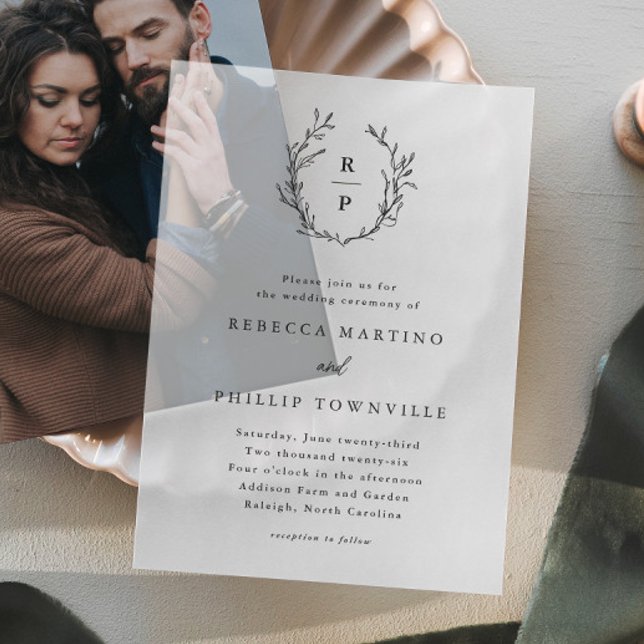 Invitations En Vélin Mariage de monogramme de couronne de laurier tiré  (Elegant hand drawn wreath greenery monogram vellum wedding invitation. Use with photo or on its own.)