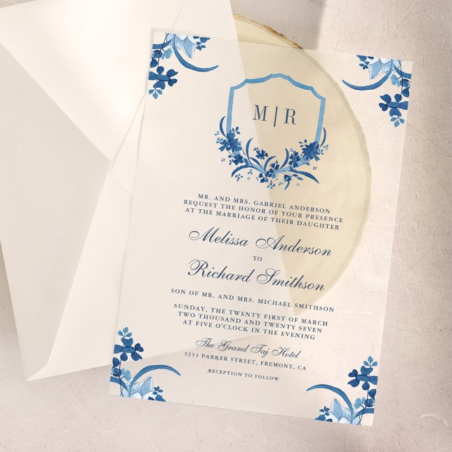 Invitations En Vélin Mariage de monogramme de la crête florale bleue (Créateur téléchargé)