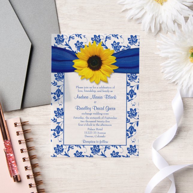 Invitations En Vélin Mariage de tournesol Royal Blue Damask (Mariage)