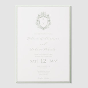 Invitations En Vélin Mariage élégant avec monogramme de crête blanc et