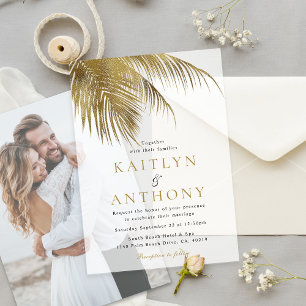 Invitations En Vélin Mariage élégant sur la plage avec un palmier tropi