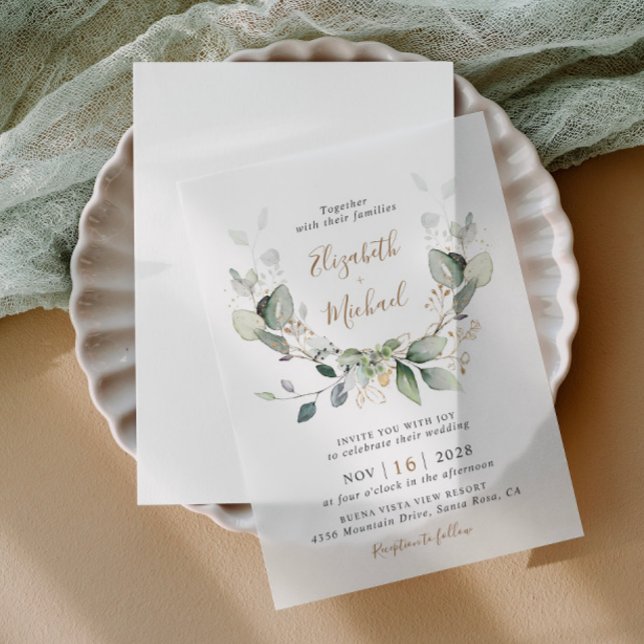 Invitations En Vélin Mariage Eucalyptus Green Watercolor (Elevate your wedding invitations with the timeless beauty of vellum overlays)