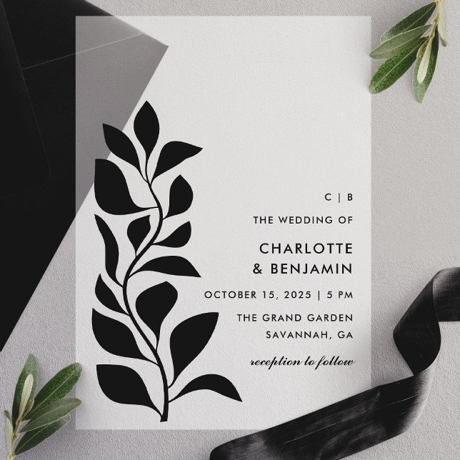 Invitations En Vélin Mariage Feuille de la Botanique Noire moderne (Créateur téléchargé)
