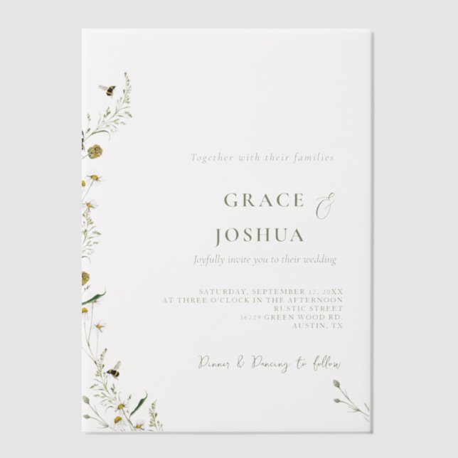 Invitations En Vélin Mariage Fleur sauvage Boho Daisy Beidge (Recto)