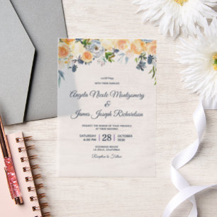 Invitations En Vélin Mariage Fleuriste Aquarelle Bleu Nuit Corail