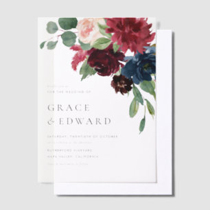 Invitations En Vélin Mariage Floral Aquarelle Bourgogne et Bleu Nuit