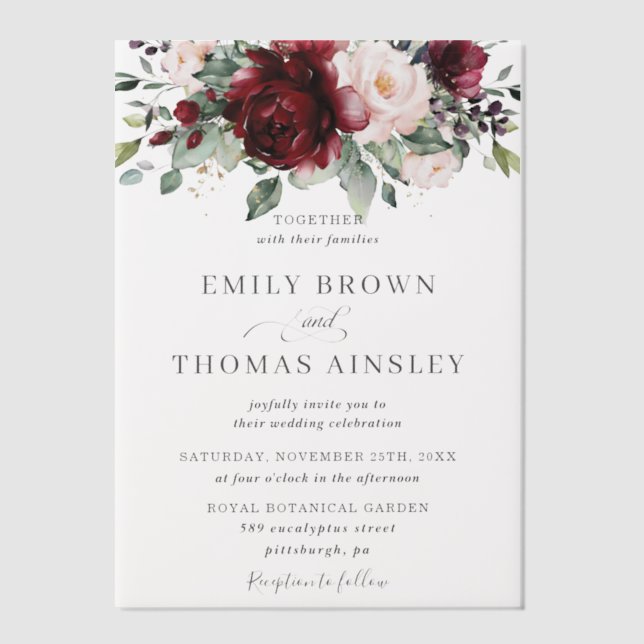 Invitations En Vélin Mariage Floral Greenery Rose Bourgogne Rustique (Recto)