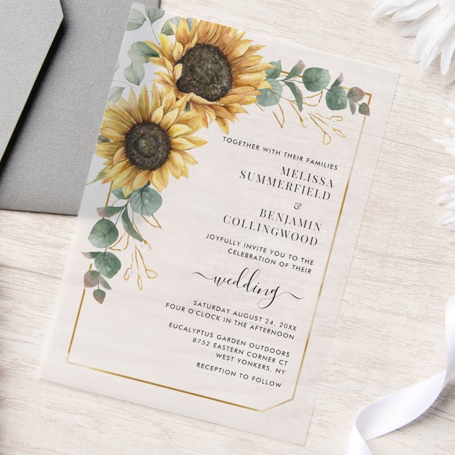 Invitations En Vélin Mariage floral moderne de tournesol Eucalyptus (Floral Sunflower Eucalyptus Greenery Wedding Vellum Invitation)