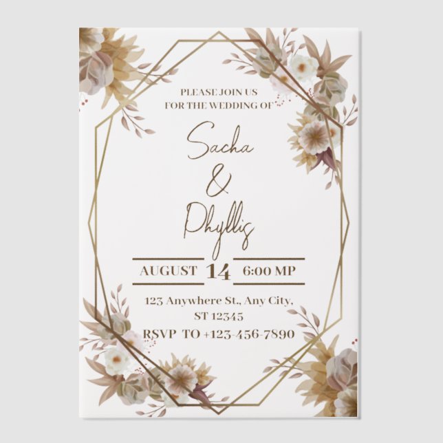 Invitations En Vélin Mariage Floral Rustique Beige et Marron (Recto)